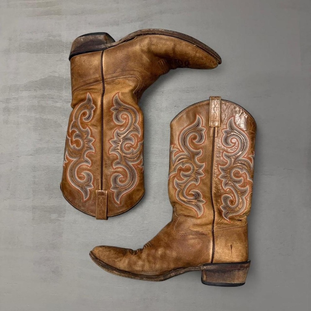 Vintage Old West Cowboy Boots Tan Leather Western Stitch Pointed Toe 5503 9.5 D